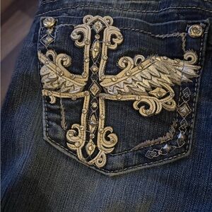 Miss Me Women's Boot Cut Jeans with Embellished Cross Design - white and Silver